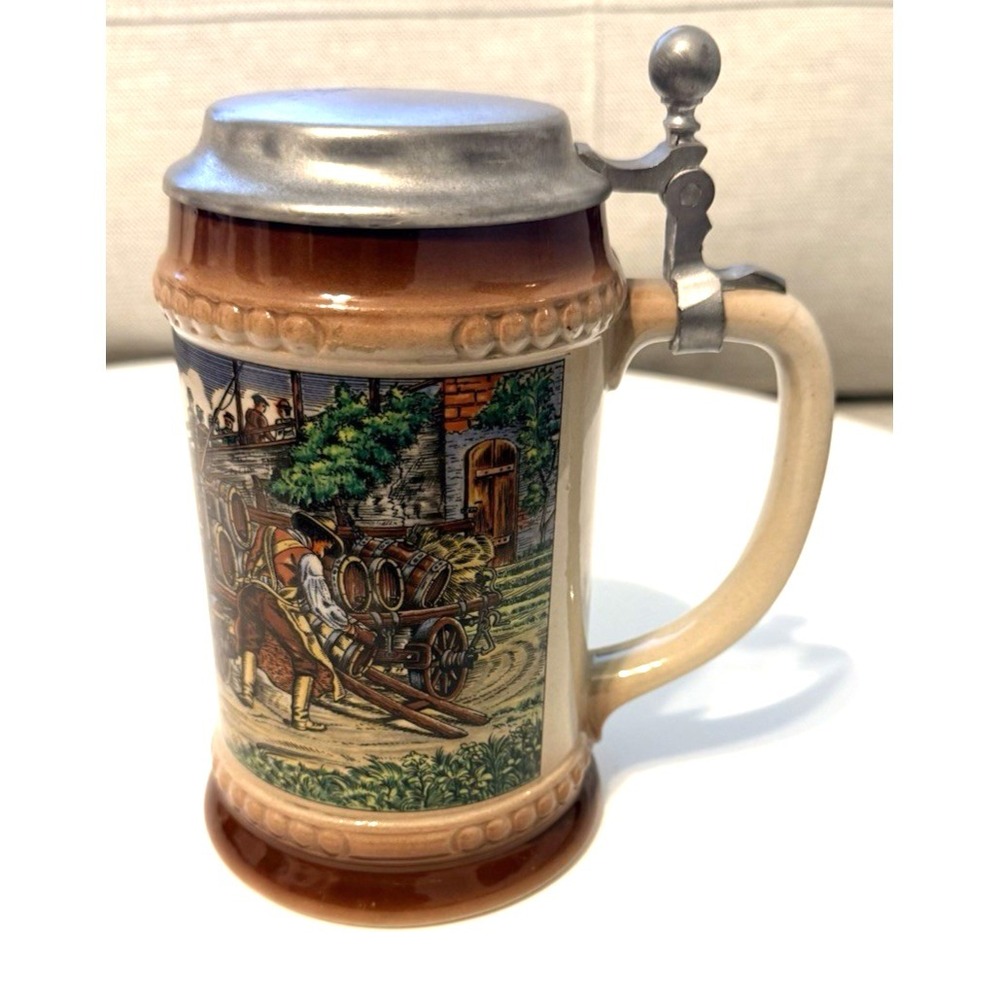 Vintage Gerz W German Stein w Screened Horse Drawn Beer Wagon & Pewter Lid - Picture 5 of 10